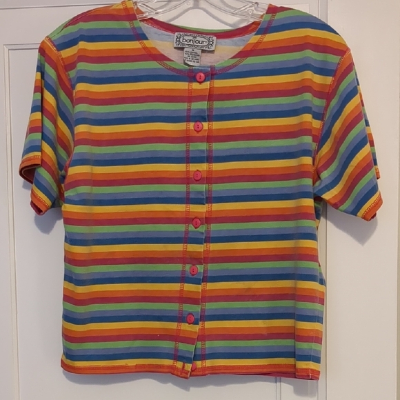 Vintage 80s Striped Rainbow Button Up T-shirt Cotton Medium - Picture 2 of 4
